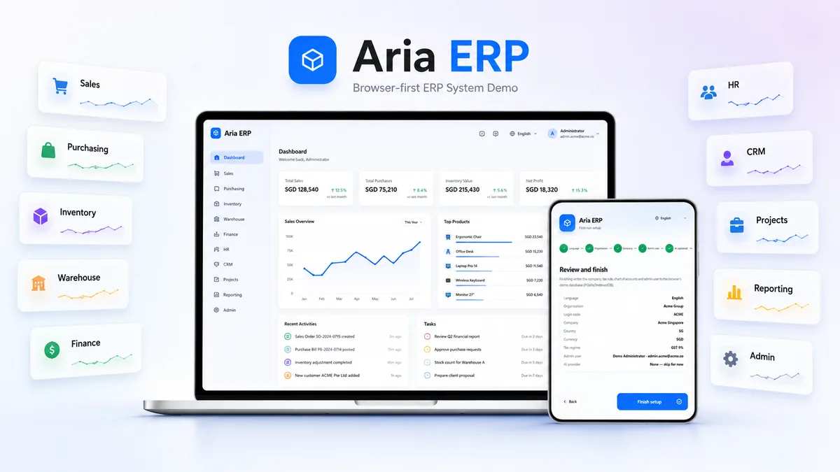 ERP System demo showing a browser-based business dashboard.