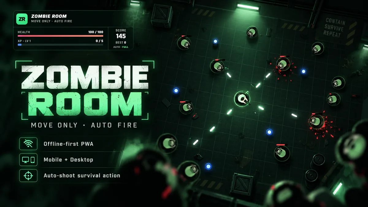 Zombie Room survival game with its canvas arena and mobile controls.